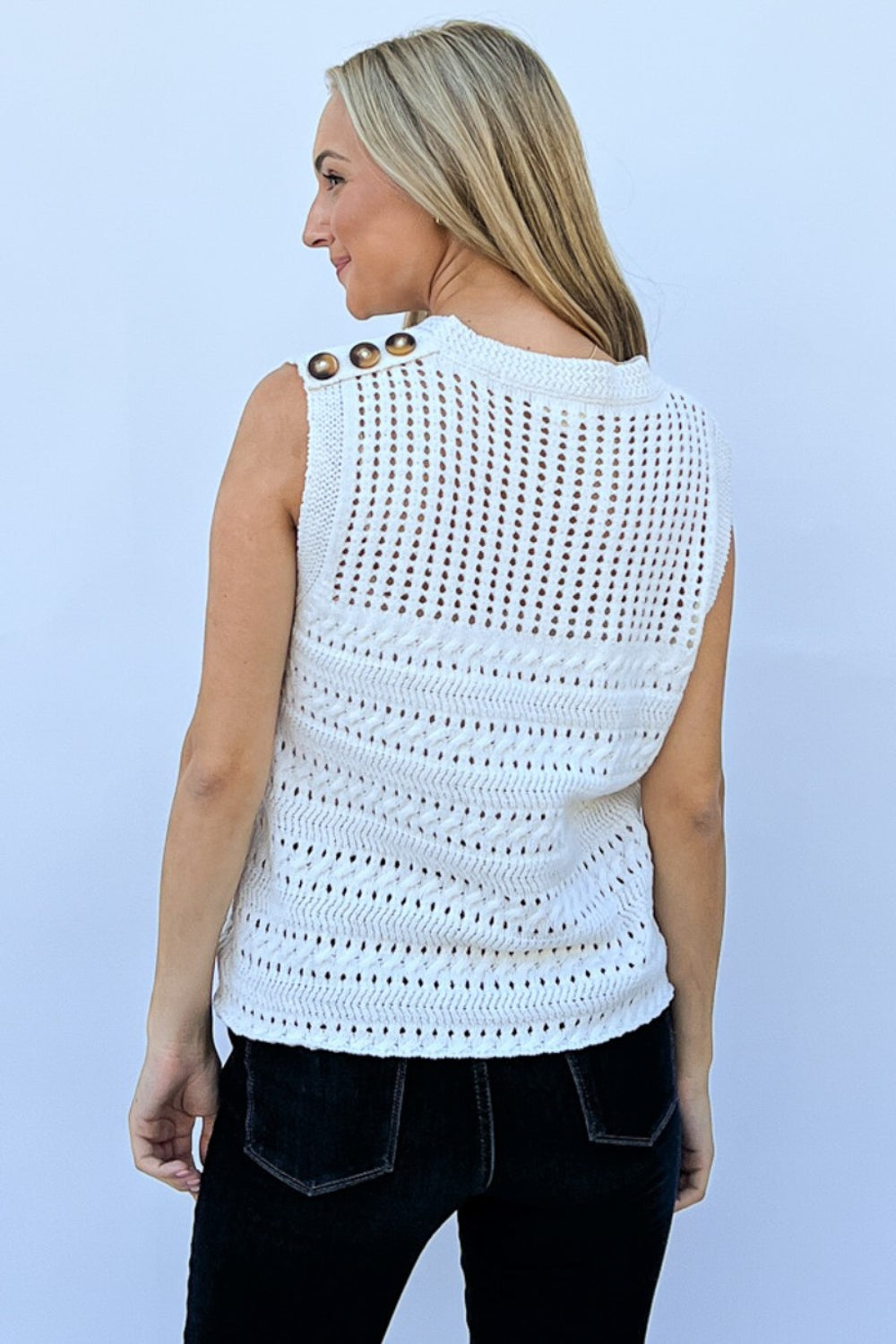Hollowed out buttoned tank in ivory with eyelet detail, semi-sheer.