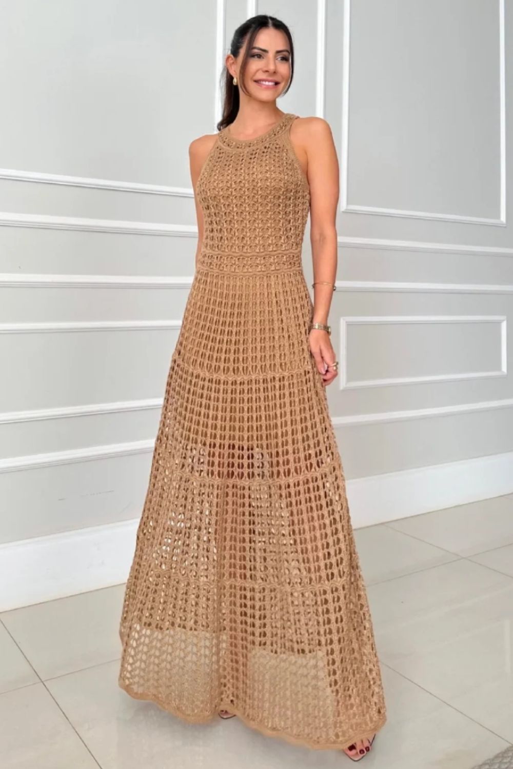 Hollowed-Out Sleeveless Maxi Dress.