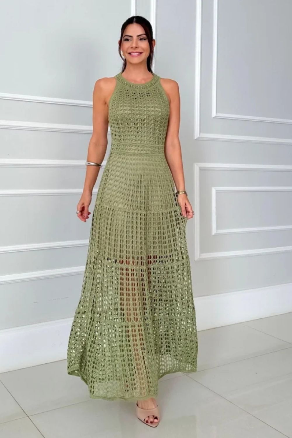Hollowed-Out Sleeveless Maxi Dress.