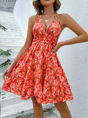 Honey Floral Halter Neck Backless Mini Dress.