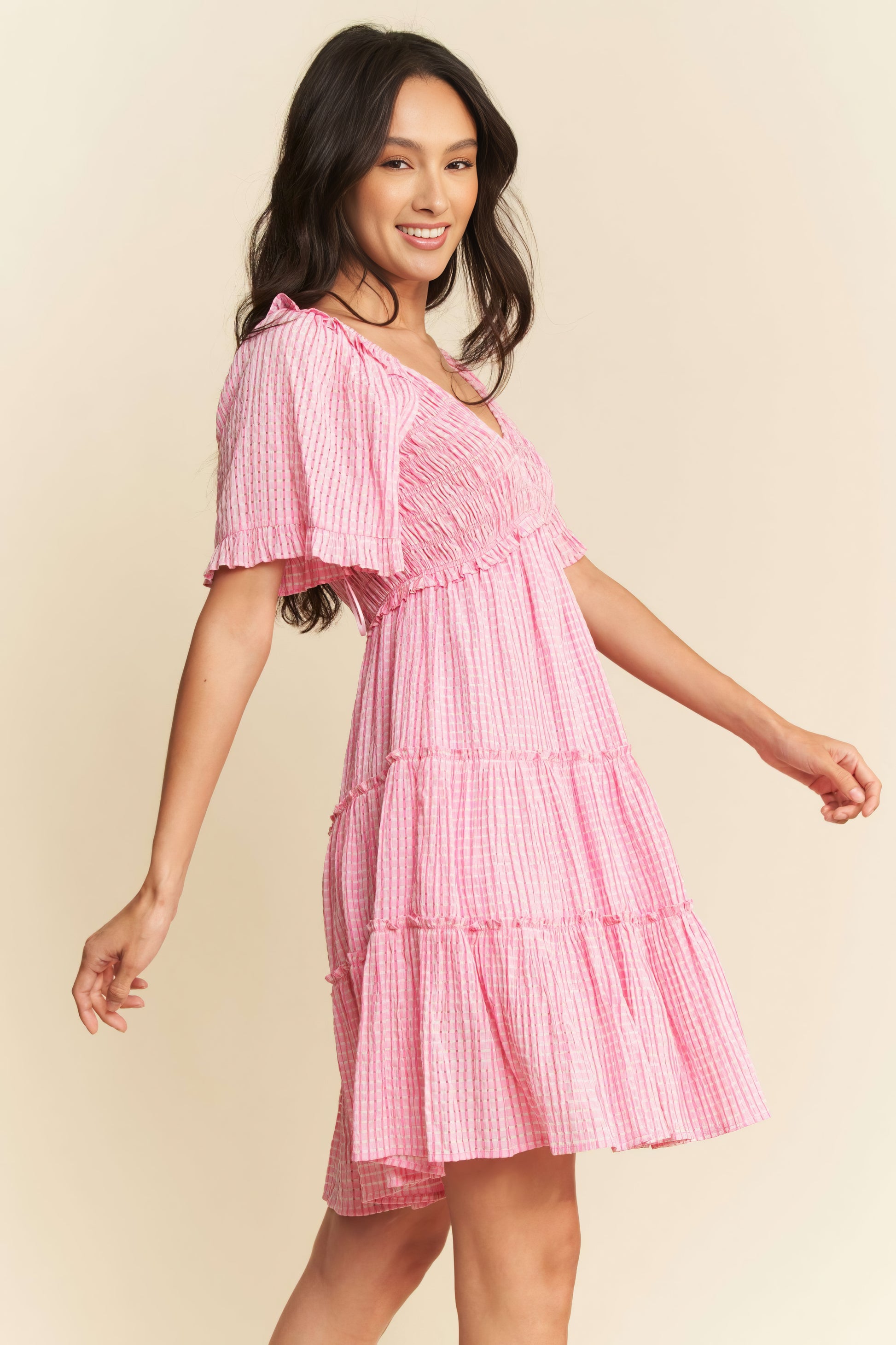 Eyelet Drawstring Round Neck Sleeveless Dress.