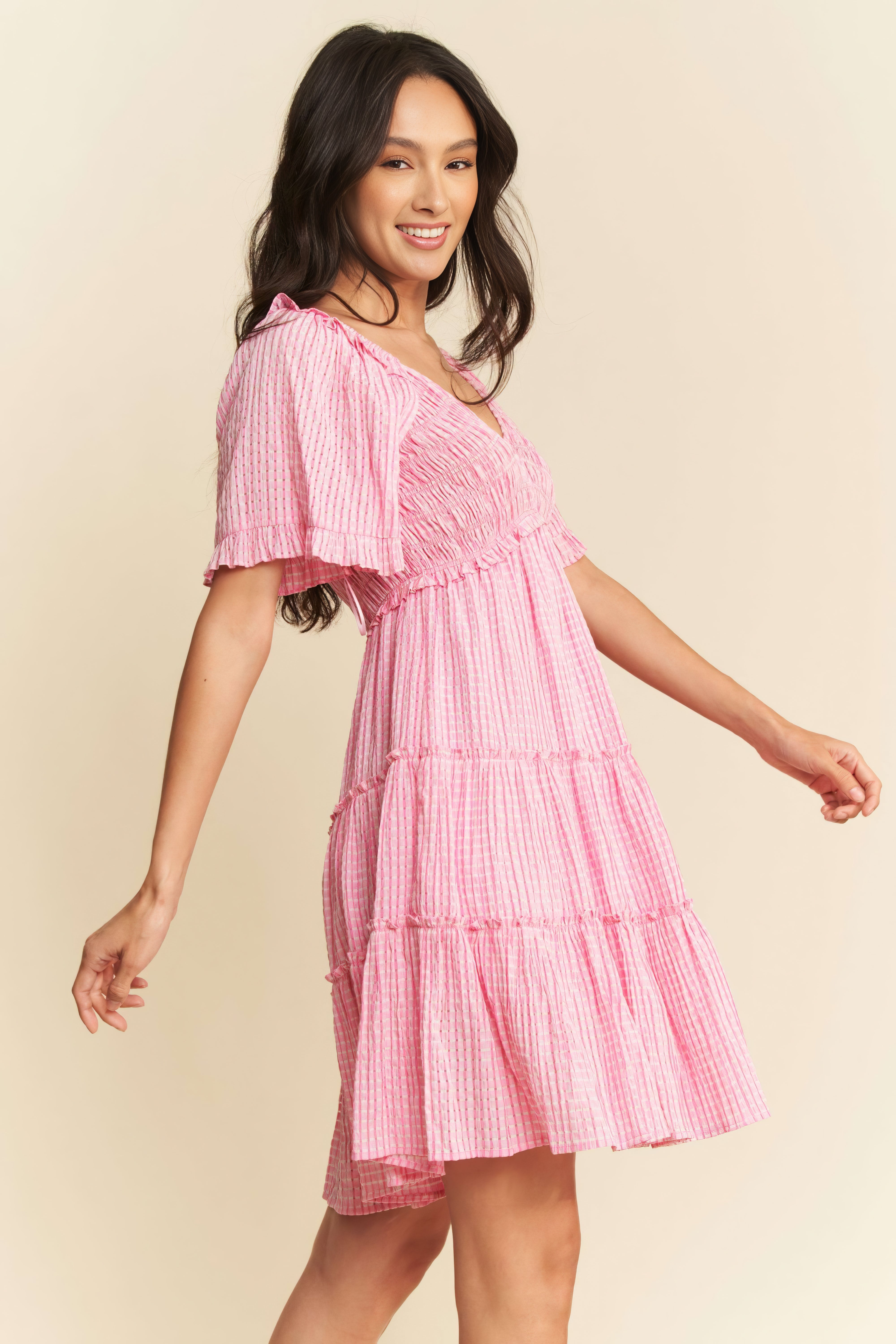 Eyelet Drawstring Round Neck Sleeveless Dress.