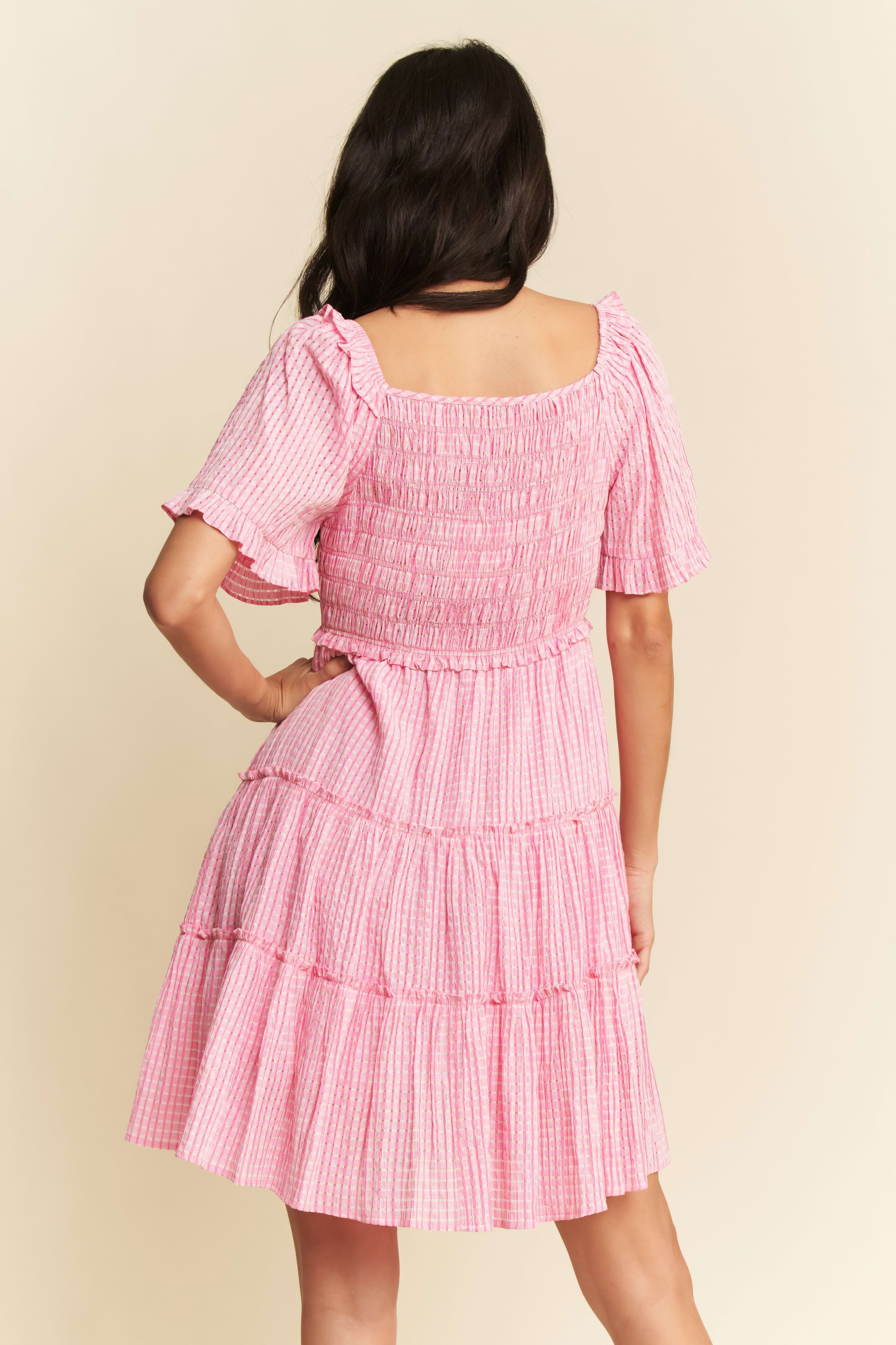 Eyelet Grecian Neck Mini Dress.