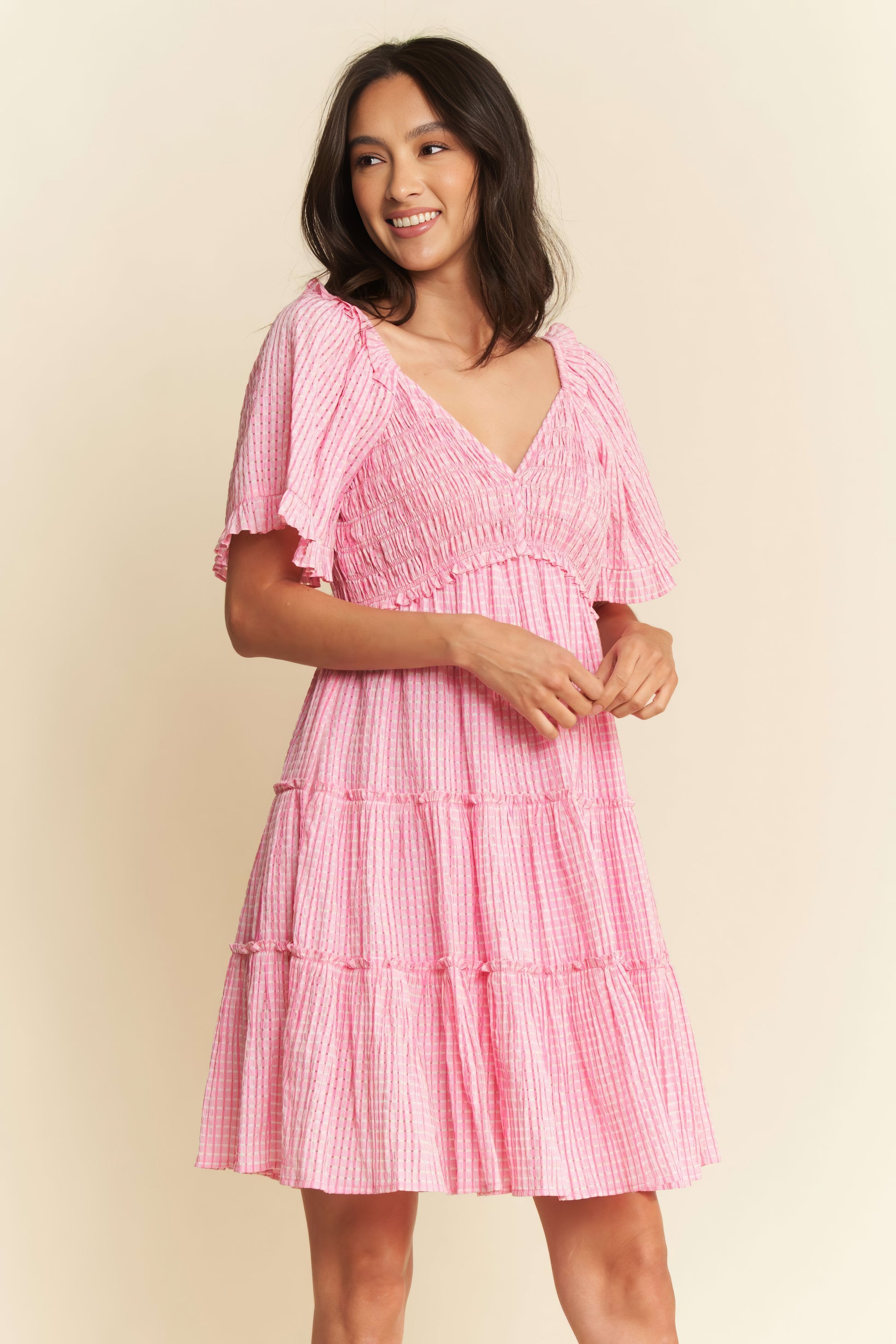 Eyelet Notched Short Sleeve Dress.