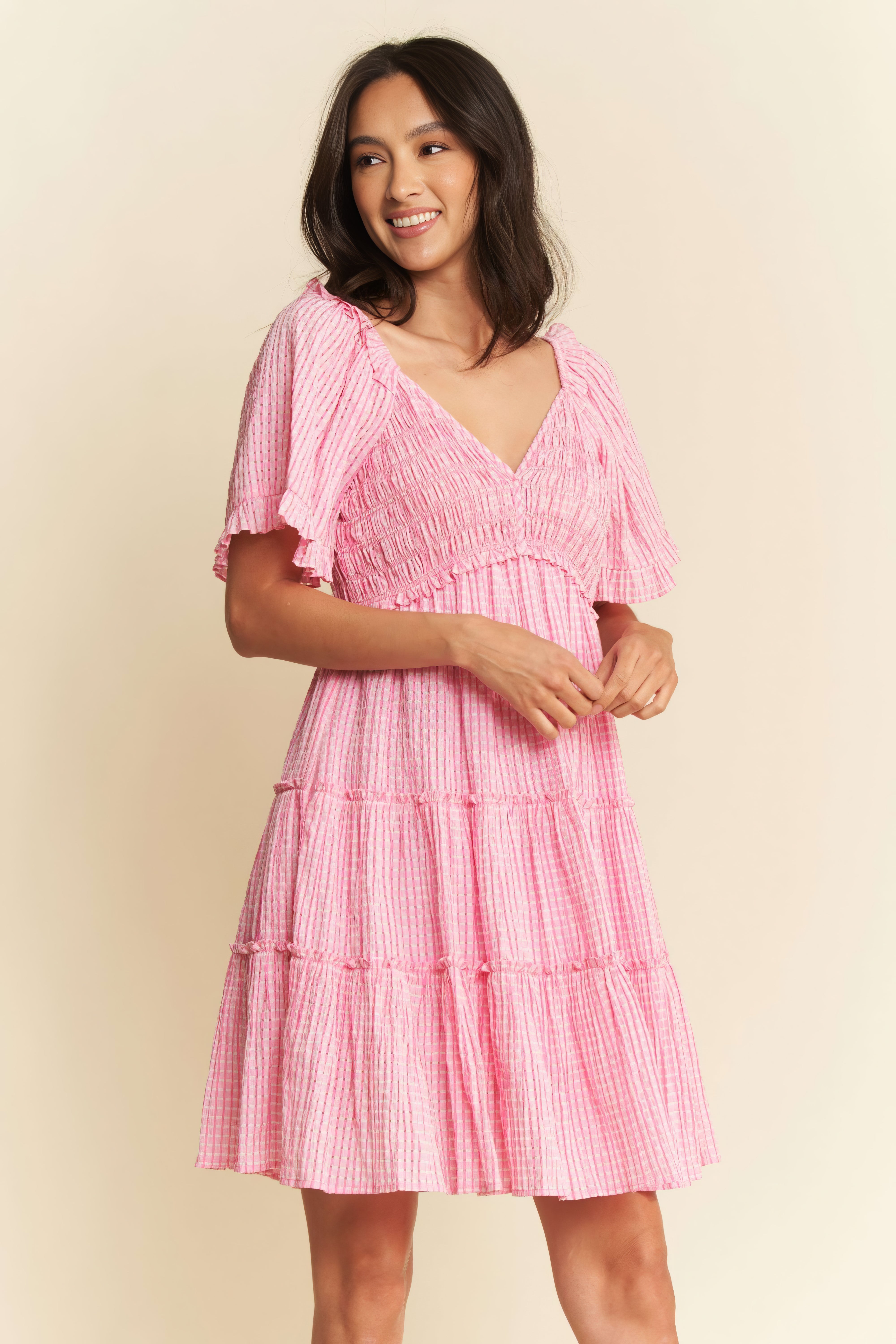 Eyelet Notched Short Sleeve Dress.