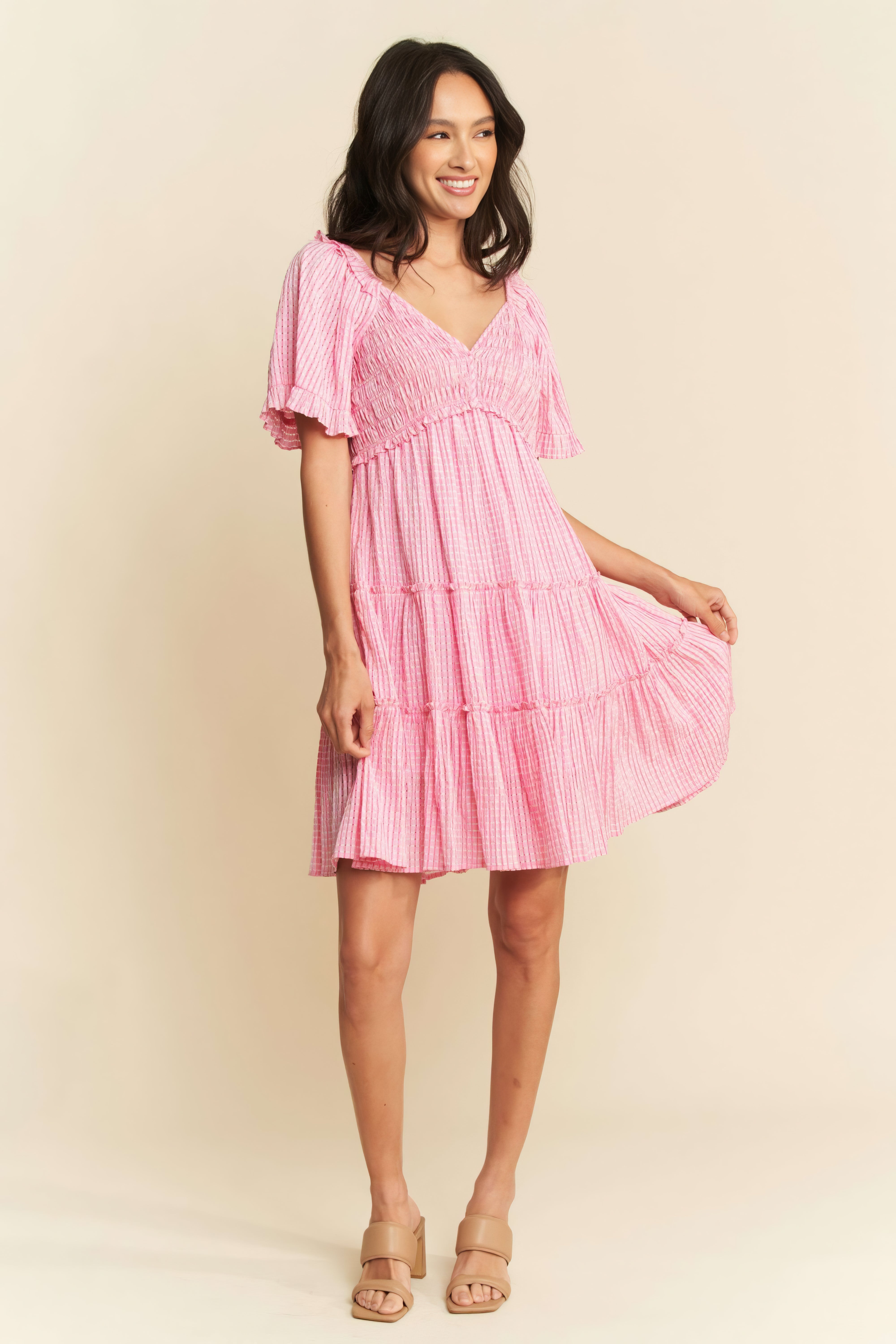 Perfee Eyelet Tie Neck Sleeveless Mini Dress.