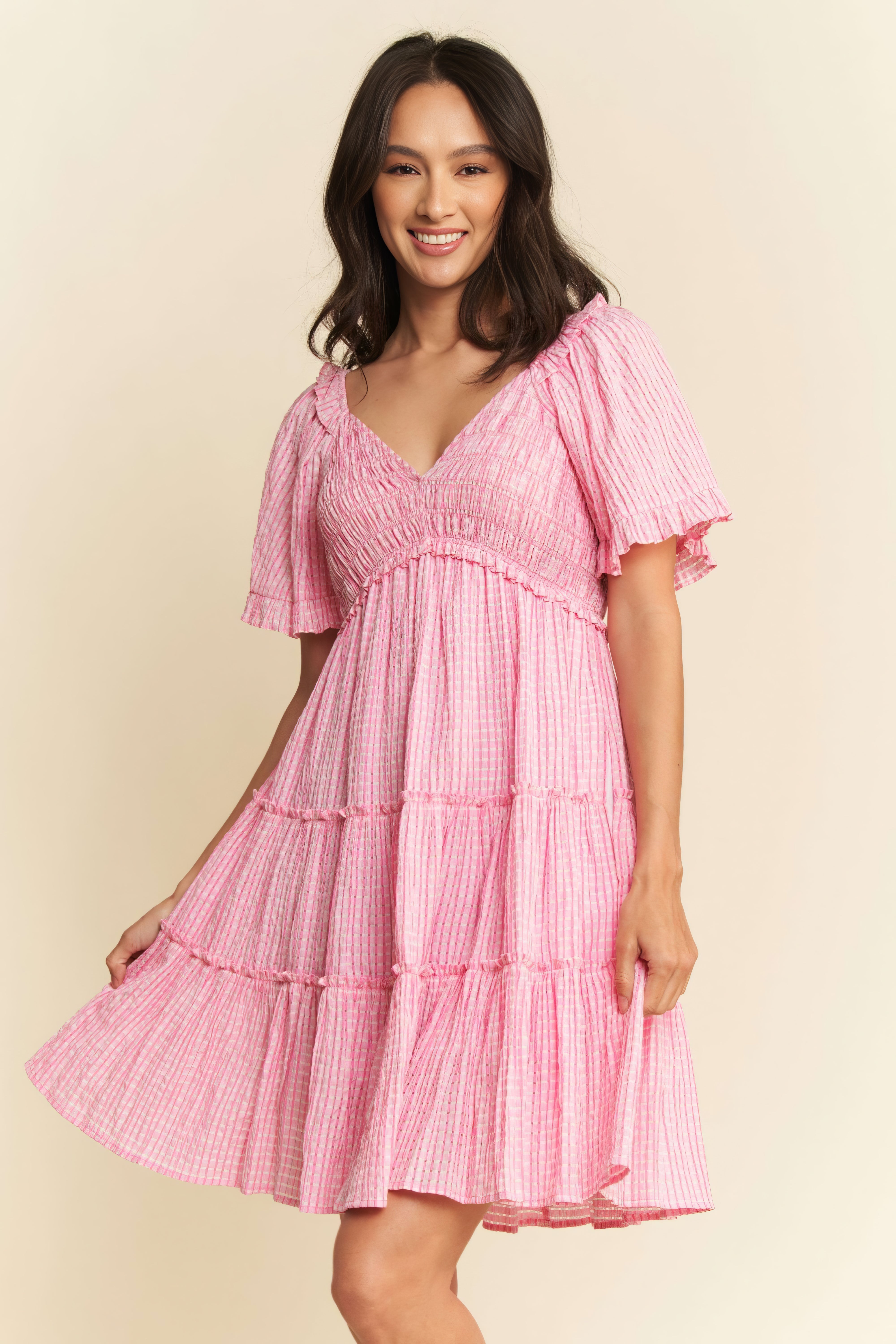 Davi & Dani Jacquard Checker Smocking Tiered Dress.
