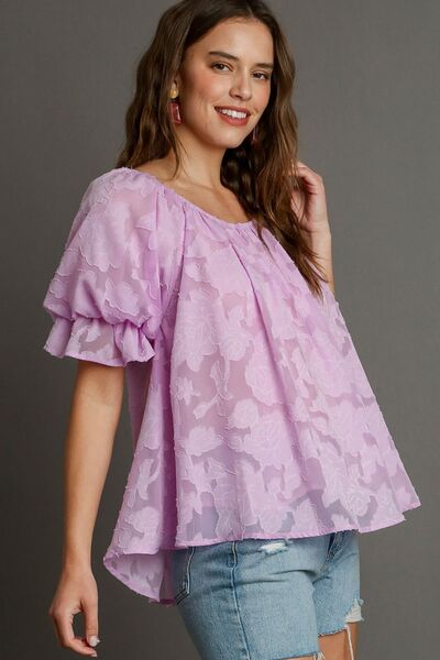 Umgee full size jacquard round neck ruffled puff sleeve blouse, plus size.