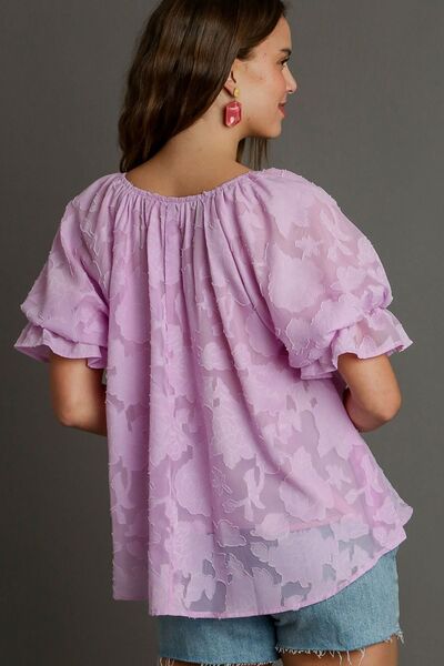 Umgee full size jacquard round neck ruffled puff sleeve blouse, plus size.
