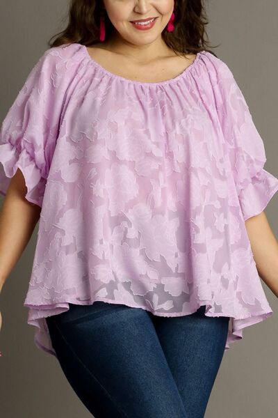 Umgee full size jacquard round neck ruffled puff sleeve blouse, plus size.