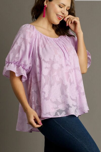 Umgee full size jacquard round neck ruffled puff sleeve blouse, plus size.