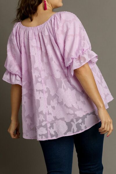 Umgee full size jacquard round neck ruffled puff sleeve blouse, plus size.
