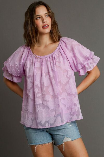 Umgee full size jacquard round neck ruffled puff sleeve blouse, plus size.
