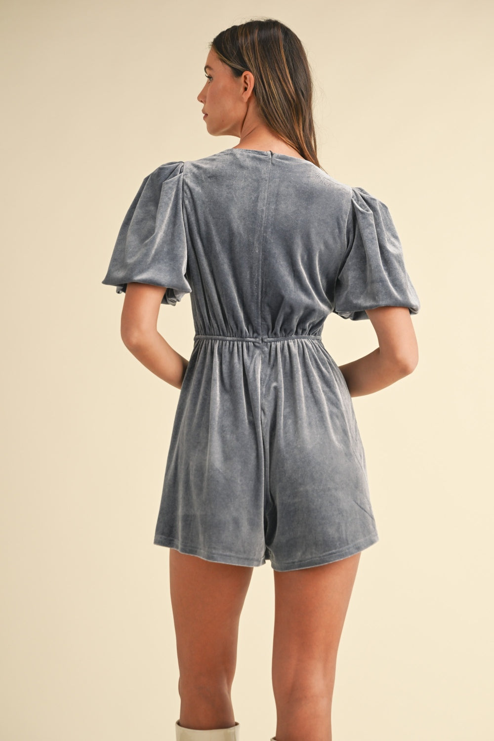 Jewel Bow Decor Puff Sleeve Velvet Romper with Ruched Detail.