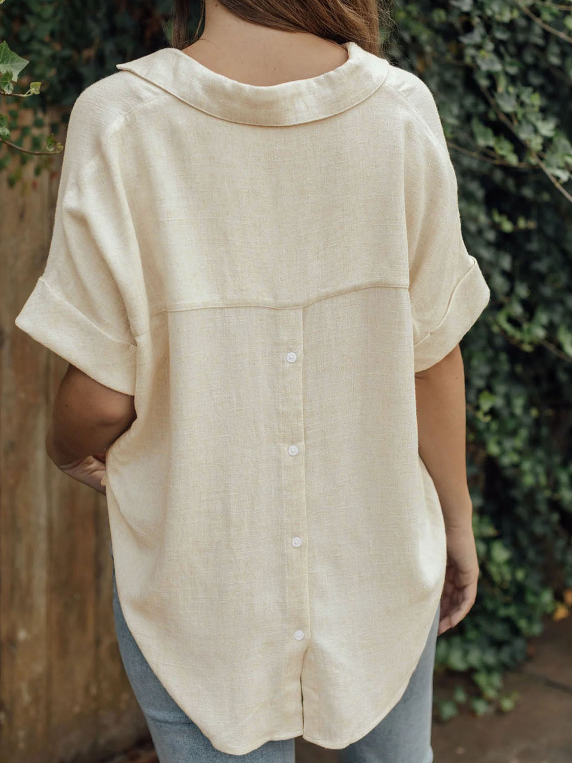Perfee johnny collar half sleeve blouse.