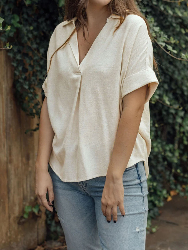 Perfee johnny collar half sleeve blouse.