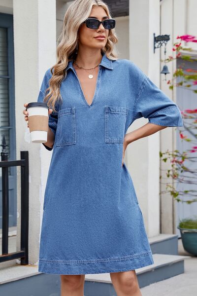 Johnny Collar Half Sleeve Denim Dress.