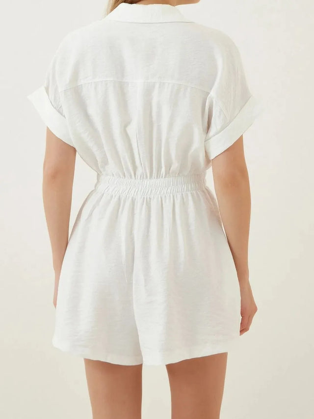 Johnny Collar Short Sleeve Romper with Ruched and Pockets.