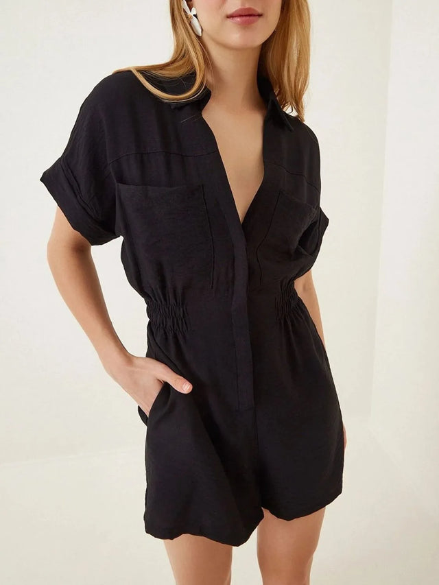 Johnny Collar Short Sleeve Romper with Ruched and Pockets.