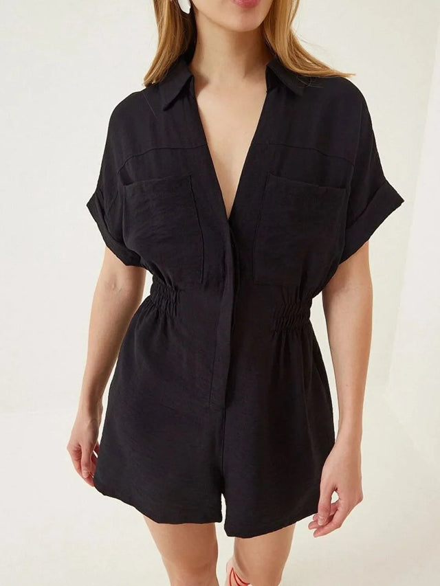 Johnny Collar Short Sleeve Romper with Ruched and Pockets.