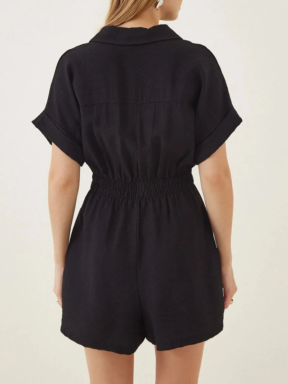 Johnny Collar Short Sleeve Romper with Ruched and Pockets.