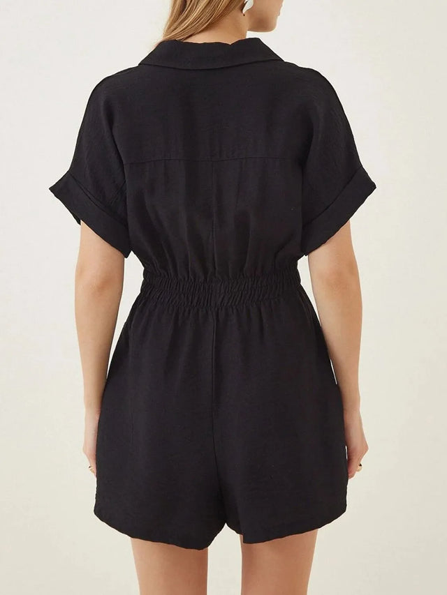 Johnny Collar Short Sleeve Romper with Ruched and Pockets.