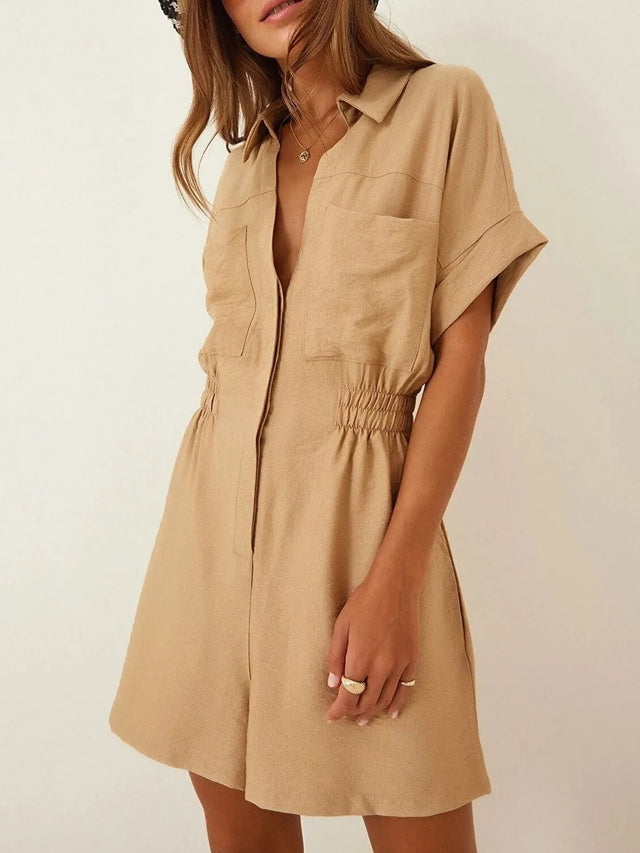 Johnny Collar Short Sleeve Romper with Ruched and Pockets.