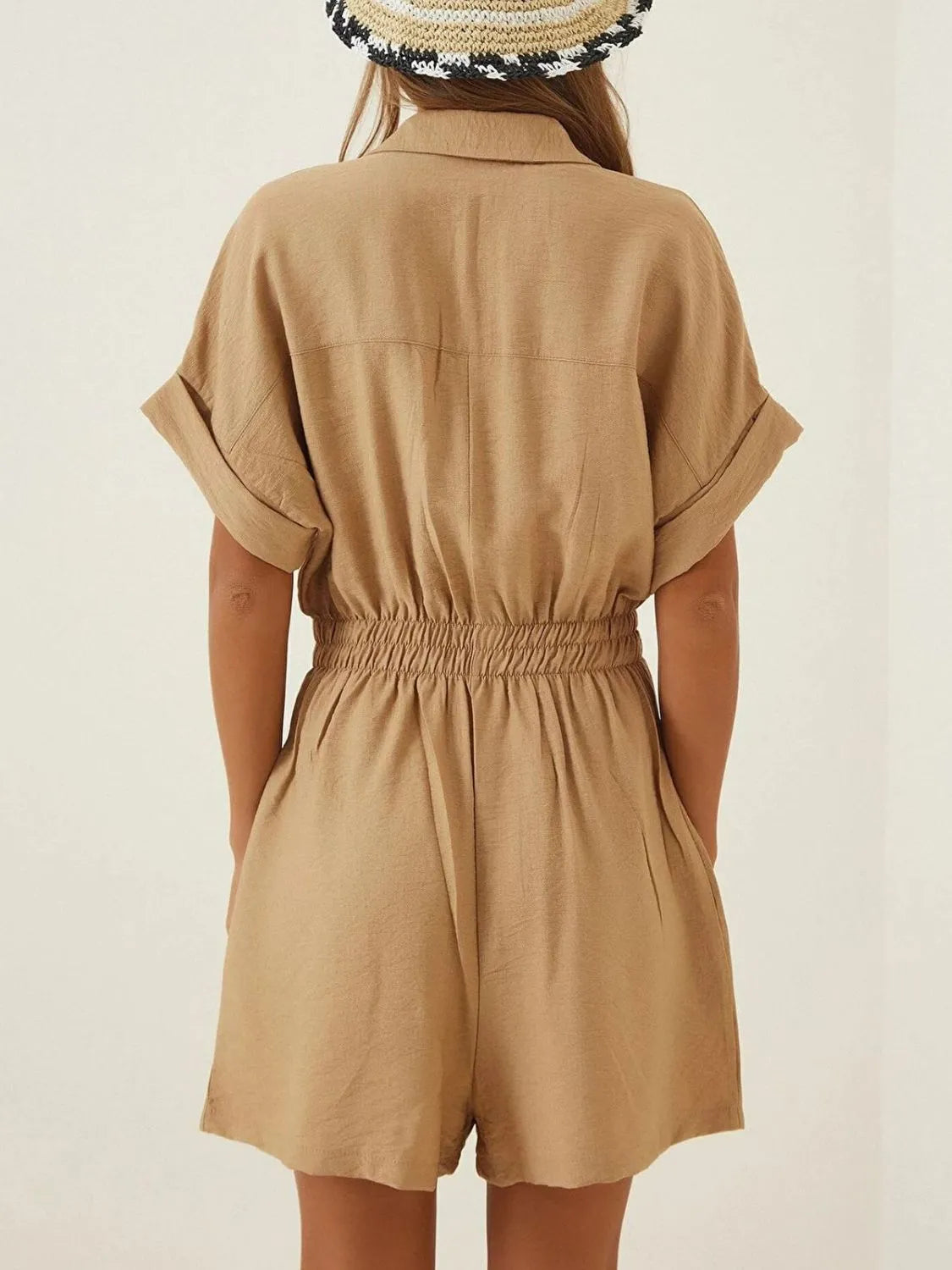 Johnny Collar Short Sleeve Romper with Ruched and Pockets.