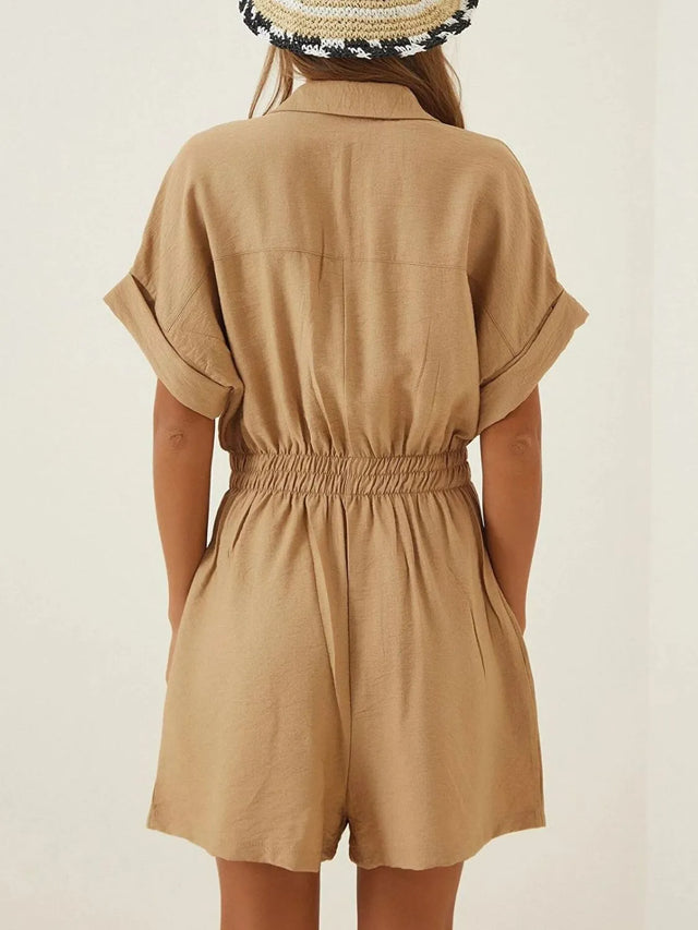 Johnny Collar Short Sleeve Romper with Ruched and Pockets.