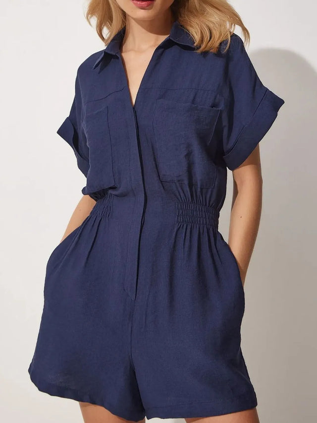 Johnny Collar Short Sleeve Romper with Ruched and Pockets.