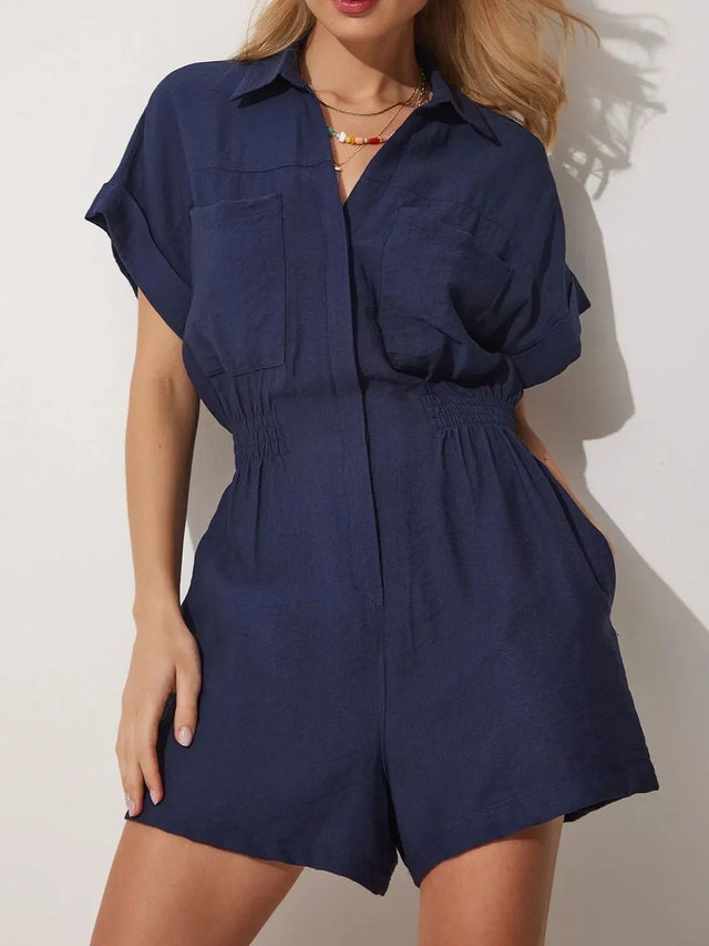 Johnny Collar Short Sleeve Romper with Ruched and Pockets.