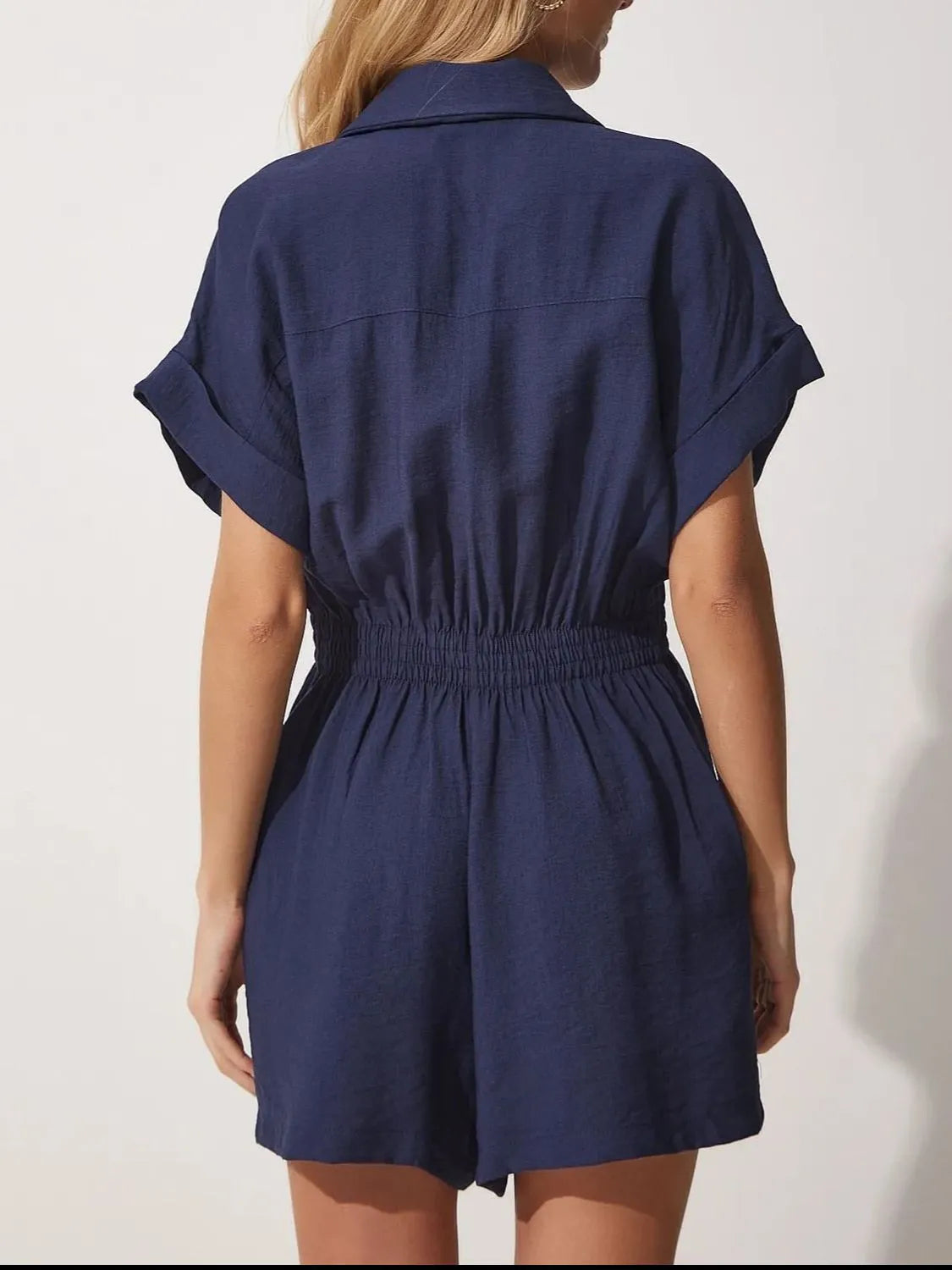 Johnny Collar Short Sleeve Romper with Ruched and Pockets.