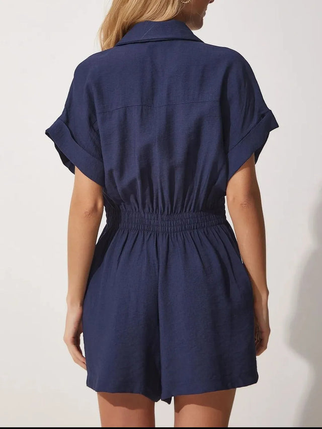 Johnny Collar Short Sleeve Romper with Ruched and Pockets.