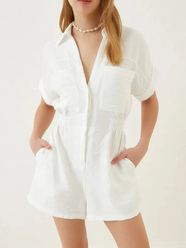 Johnny Collar Short Sleeve Romper with Ruched and Pockets.