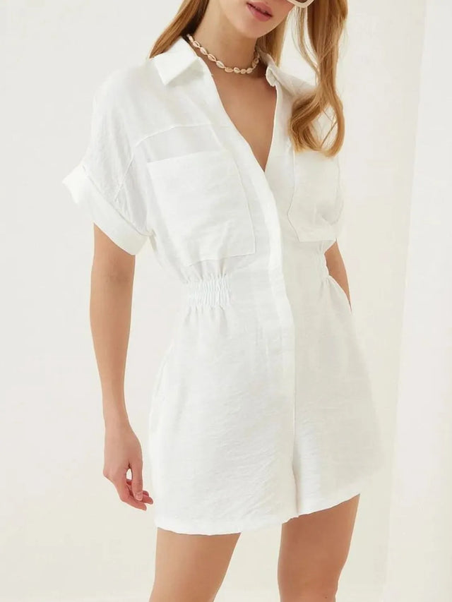 Johnny Collar Short Sleeve Romper with Ruched and Pockets.