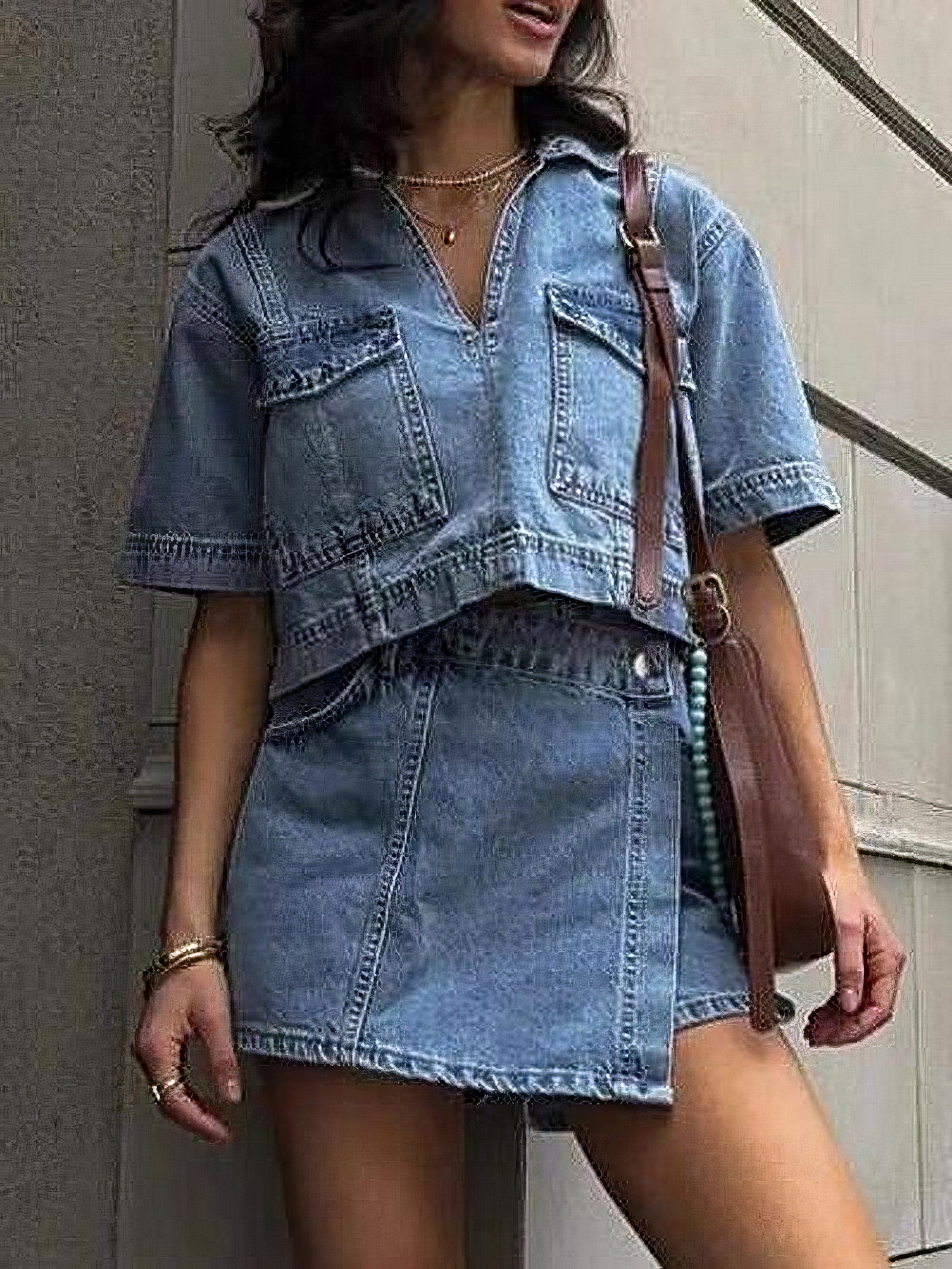 Women's Johnny collar short sleeve top and skort denim set with buttons