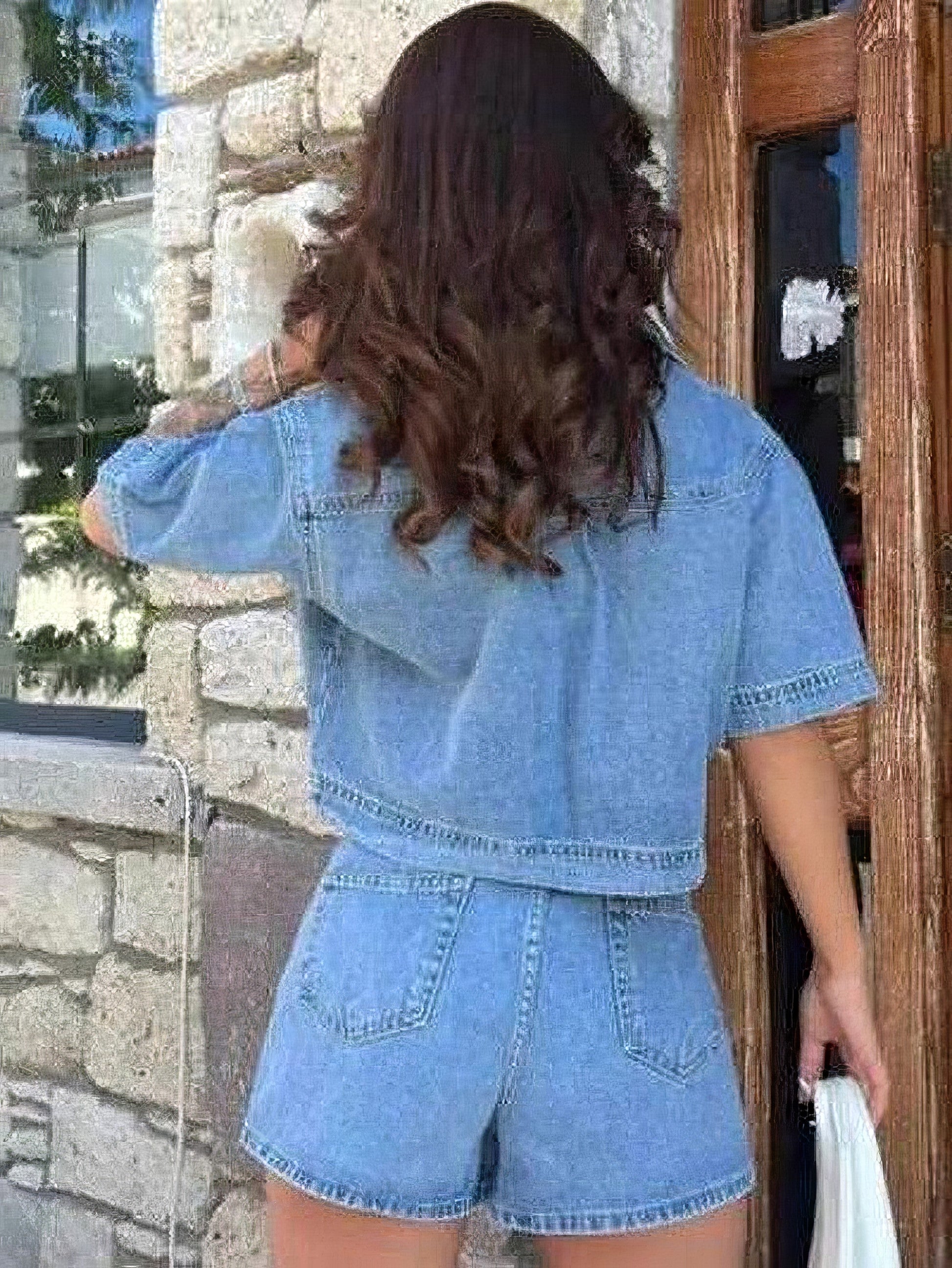 Women's Johnny collar short sleeve top and skort denim set with buttons