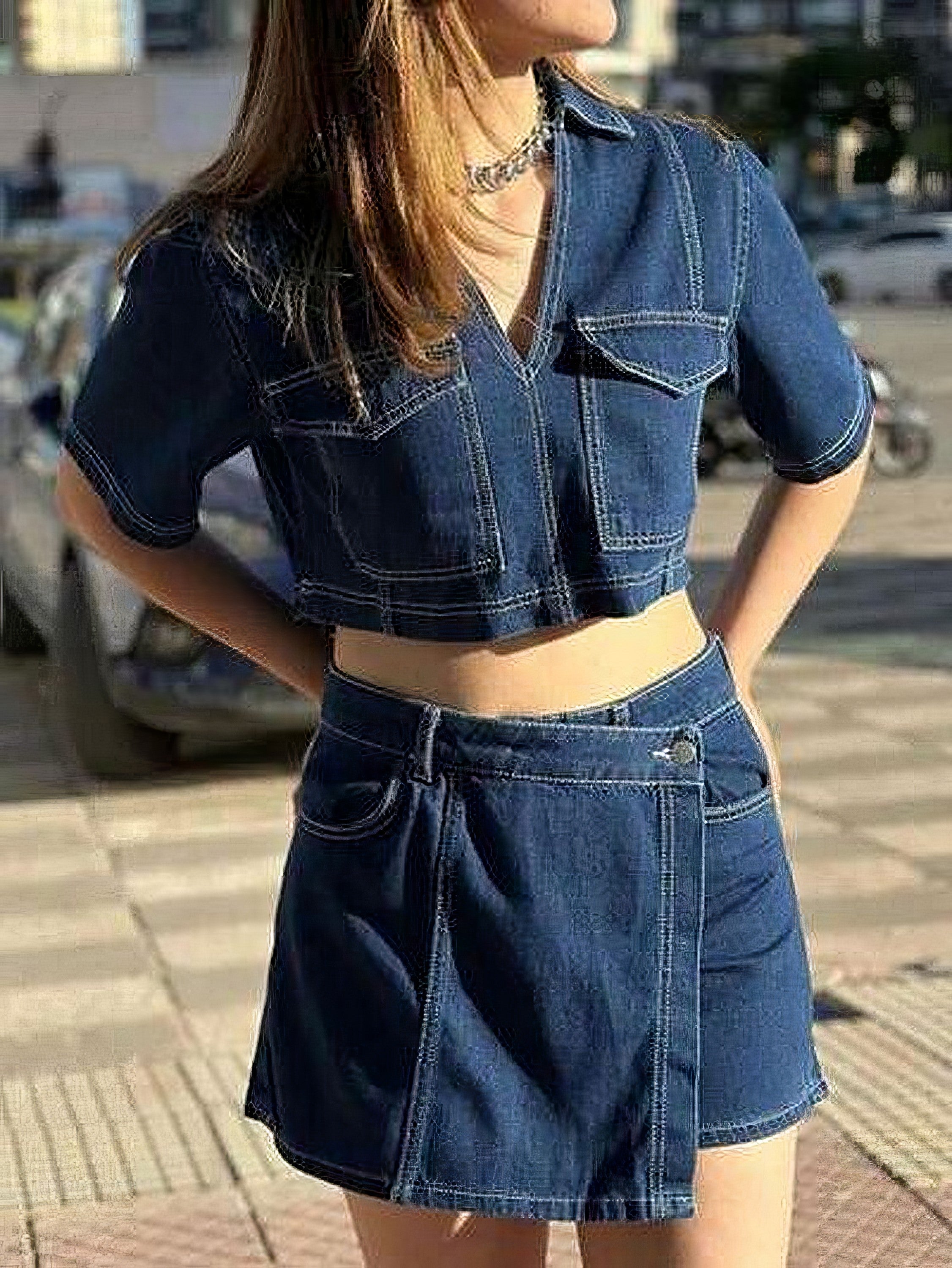 Women's Johnny collar short sleeve top and skort denim set with buttons
