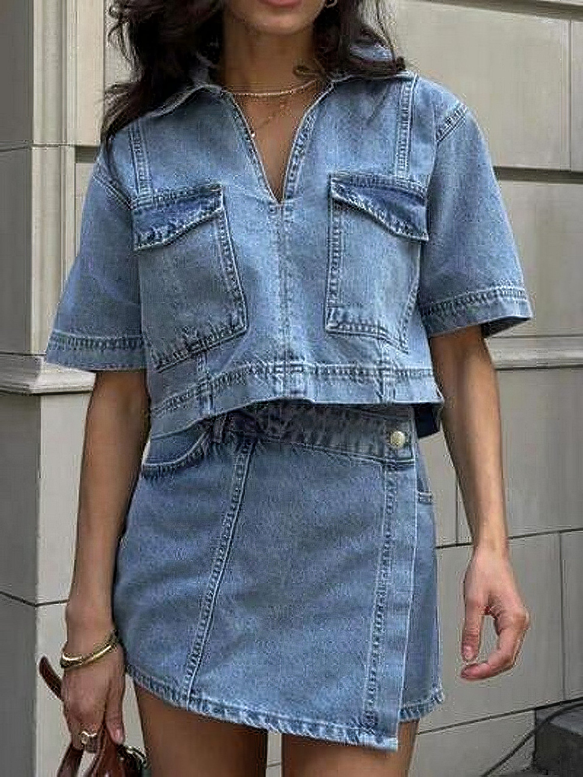 Women's Johnny collar short sleeve top and skort denim set with buttons