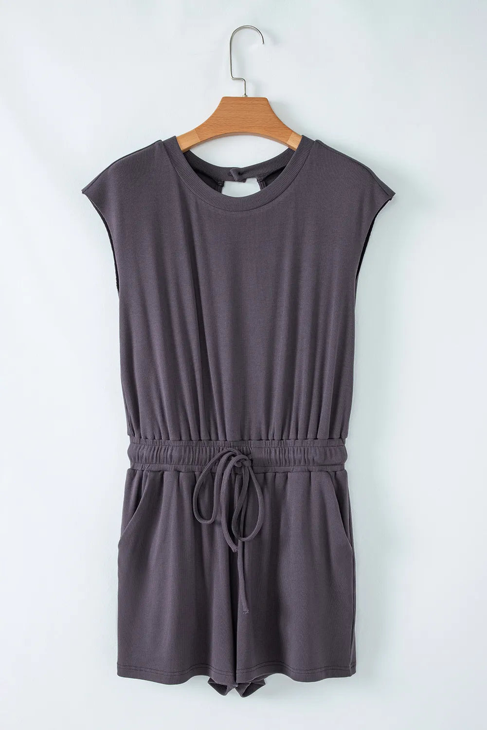 Knit Open Back Cap Sleeve Drawstring Romper.