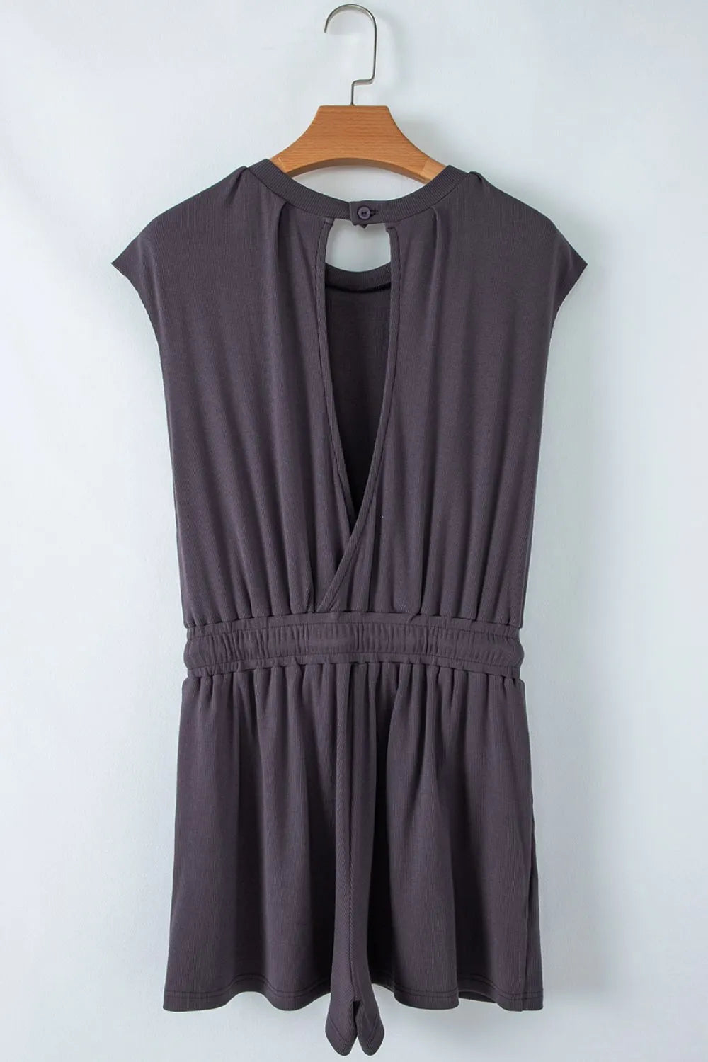 Knit Open Back Cap Sleeve Drawstring Romper.