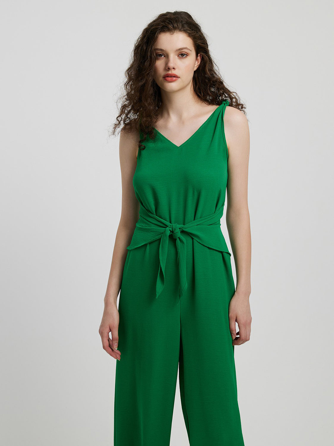 Knot Detail Tie Front Sleeveless Jumpsuit.