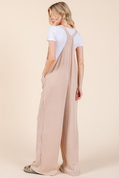 Knot Straps Wide Leg Ribbed Overalls with Pockets.