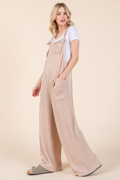 Knot Straps Wide Leg Ribbed Overalls with Pockets.