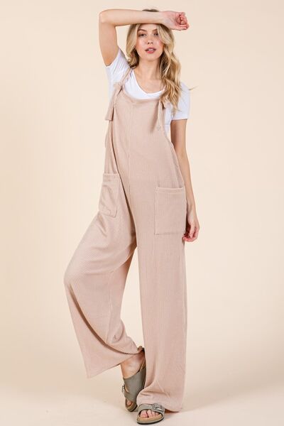 Knot Straps Wide Leg Ribbed Overalls with Pockets.
