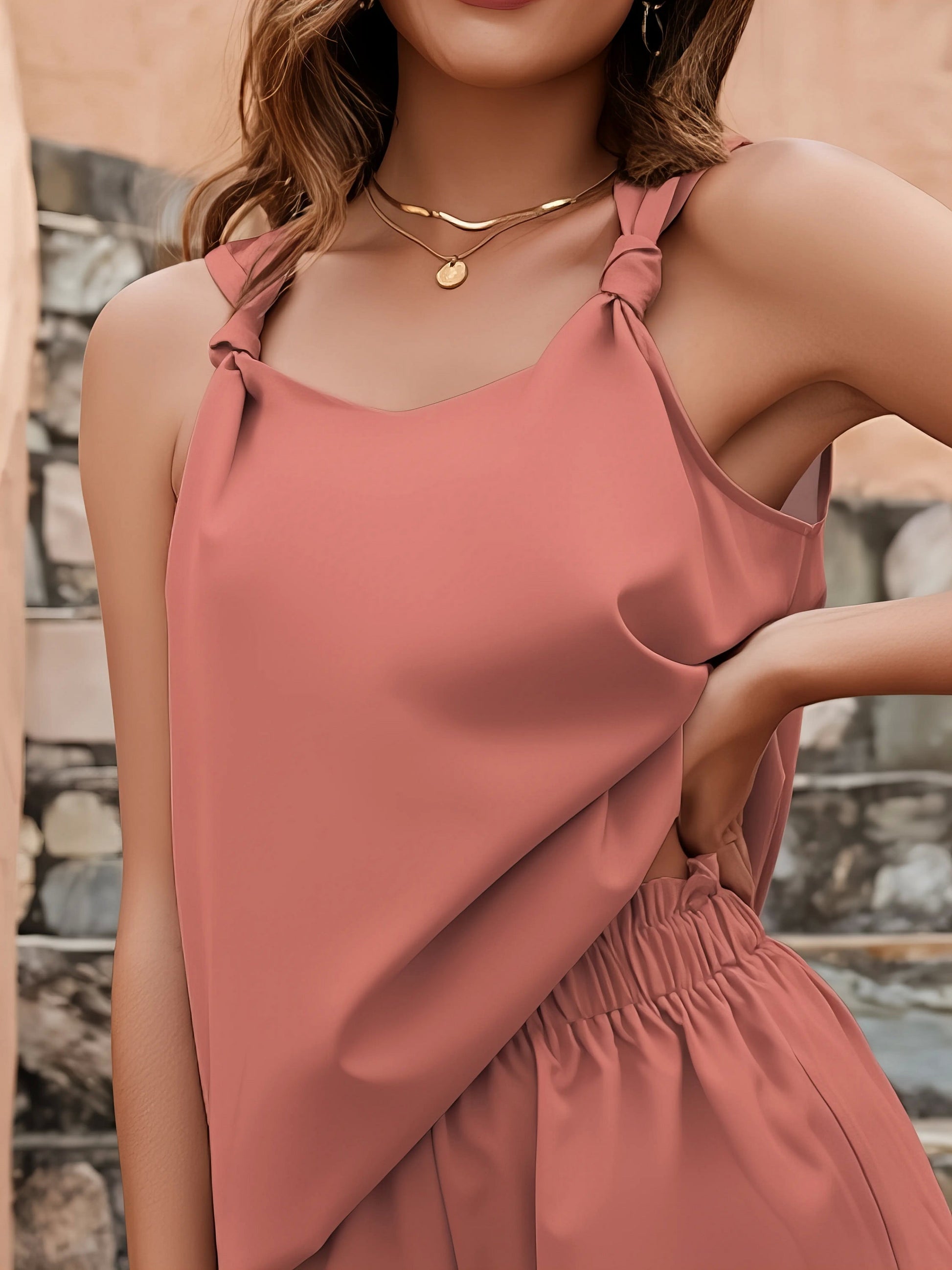 knotted strap cami and shorts set, chic women's two-piece outfit, playful summer fashion, stylish knotted detail, comfortable stretchy set, casual and fun wear