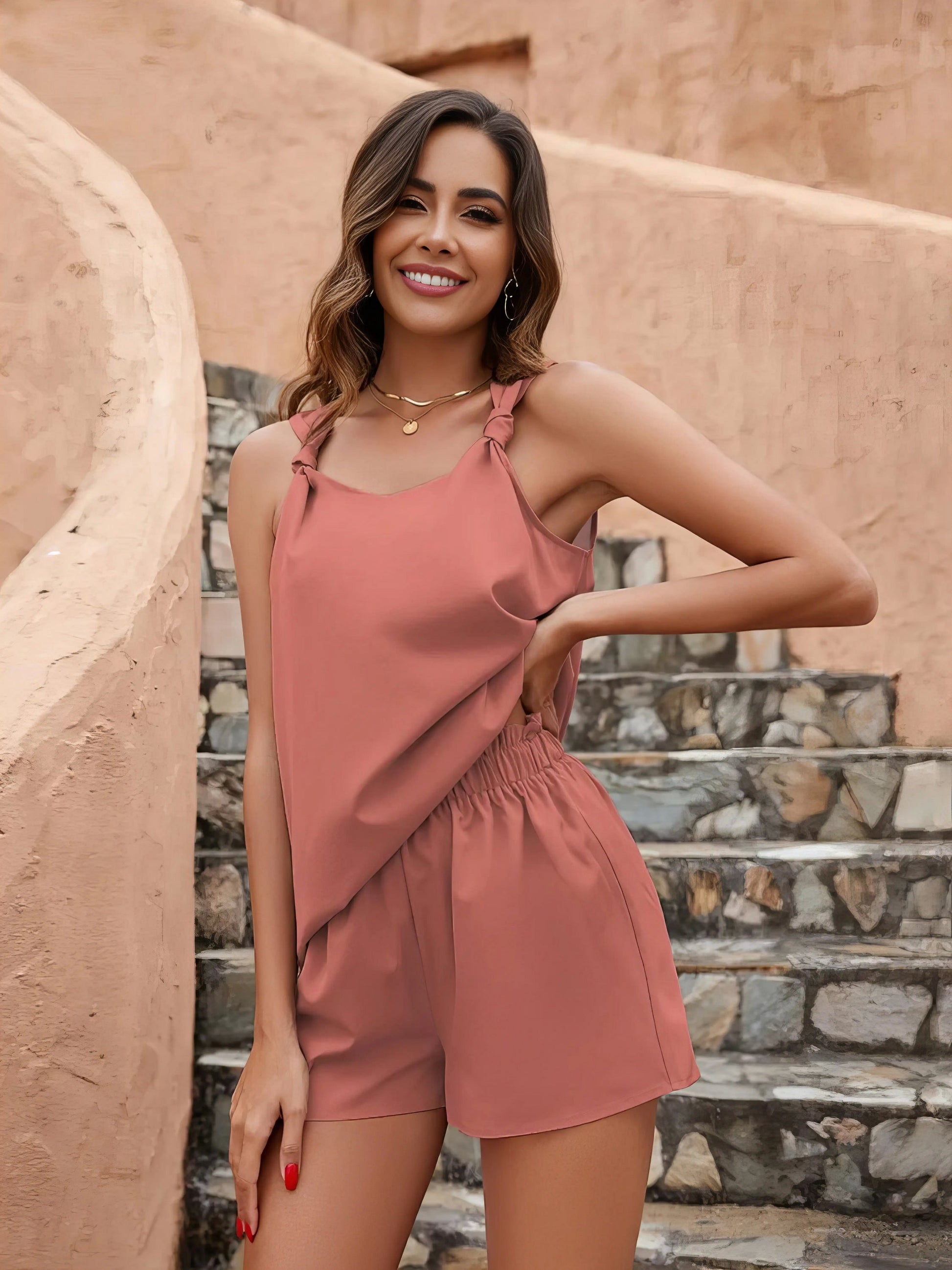 knotted strap cami and shorts set, chic women's two-piece outfit, playful summer fashion, stylish knotted detail, comfortable stretchy set, casual and fun wear