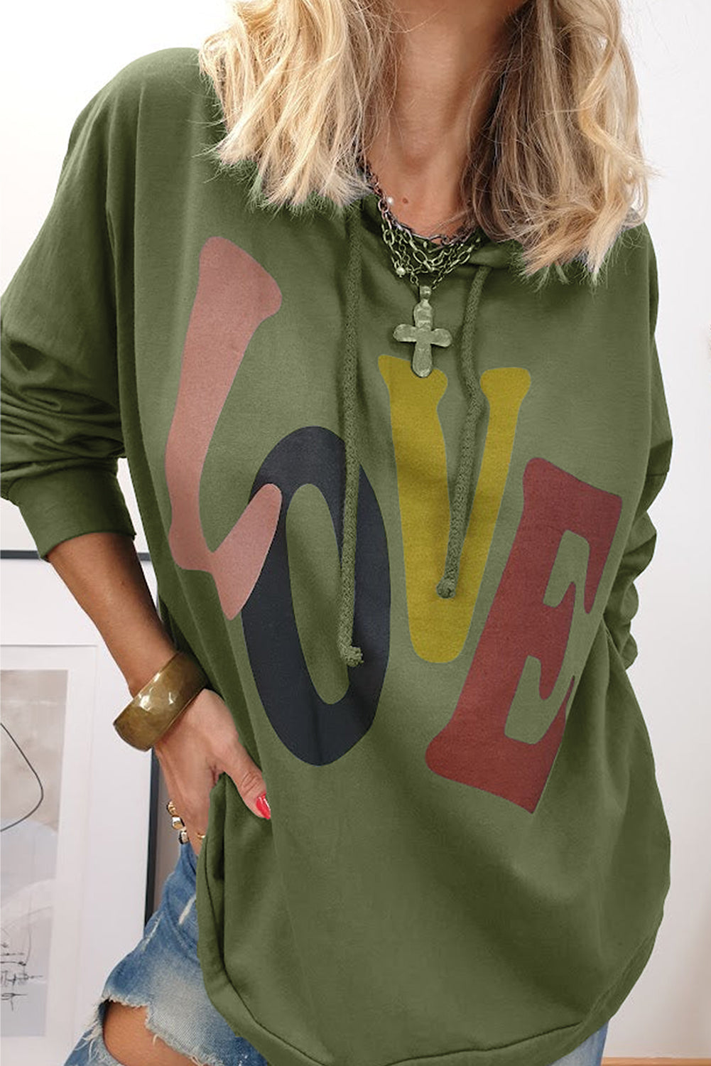 LOVE graphic drawstring dropped shoulder hoodie.