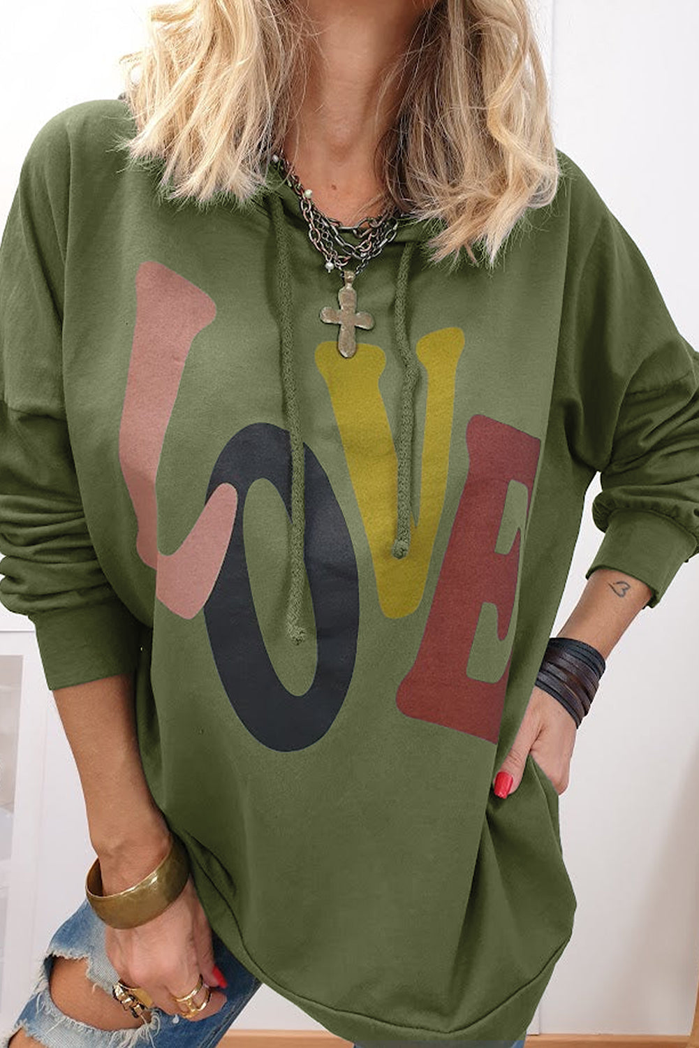LOVE graphic drawstring dropped shoulder hoodie.