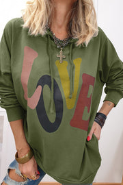 LOVE graphic drawstring dropped shoulder hoodie.